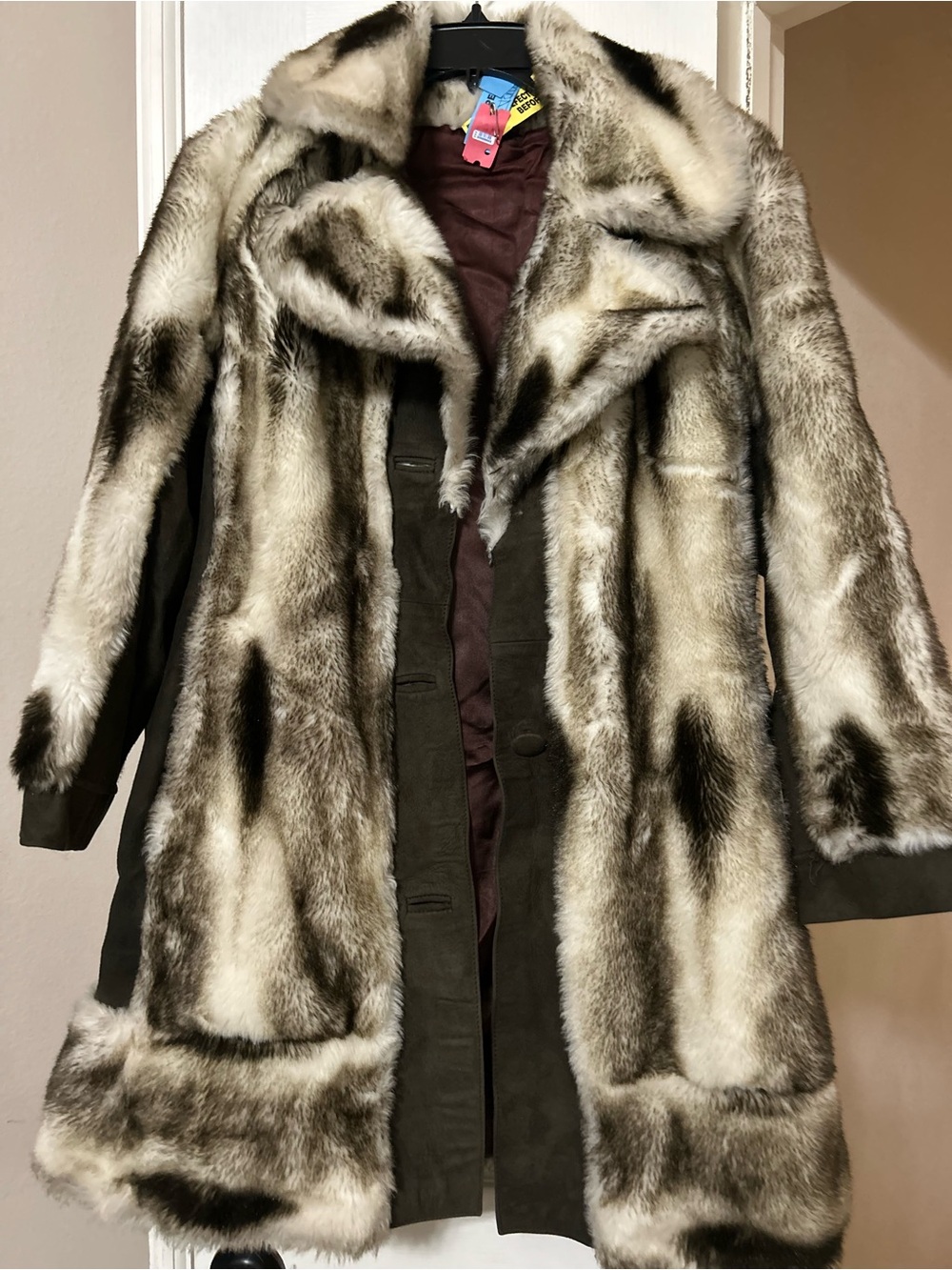 Tissavel of France Faux Fur-Trim Trench Coat in Brown and Cream